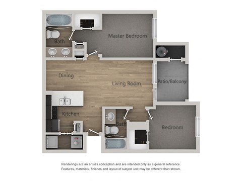 Floor plan for 2 beds, 2 baths, 1057 sqft